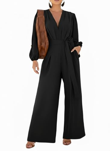 CHICME Womens Elegant Long Puff Sleeve Jumpsuit Deep V Neck Tie Waist Casual Wide Leg Pants Romper with Pockets for Casual Dressy Occasions-Black-L