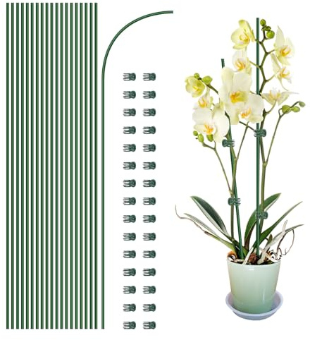 20Pcs Plant Support Stakes with 30 Pcs Plant Clips, Plant Sticks for Indoor and Outdoor Plants, Orchid Clips and Stakes,16inch Tall Bendable Single Stem Flower Stakes Bendable (Green, 40cm)