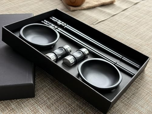 2 Pairs Chopstick Set Luxury Dragon Design with Dishes, Premium Chopstics with Holders, Black