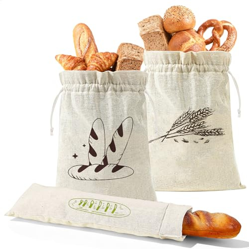 3 Piezas Bolsa Pan, Bolsa pan Tela Reutilizables, bolsa de pans Conservación con Forro TPU, bolsas con Cordón para Guardar Pan Almacenamiento, Cesta de pans para Baguettes Verduras Frutas Nueces