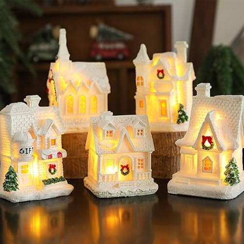 Weihnachtsdeko Weihnachtsdorf mit Beleuchtung, 5er Weihnachtsdeko Innen Mini Lichthaus Harz, LED Weihnachtshäuser Beleuchtet, Deko Weihnachten Weihnachtsbeleuchtung Innen für Weihnachtsdeko Tisch (B)