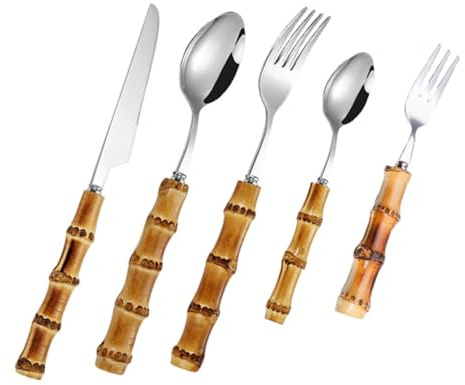 Gadpiparty Set Couverts Acier Inoxydable 304 Manche Bambou 5 Pièces Couverts de Table Occidentaux Service Cuisine pour Maison Restaurant Buffet