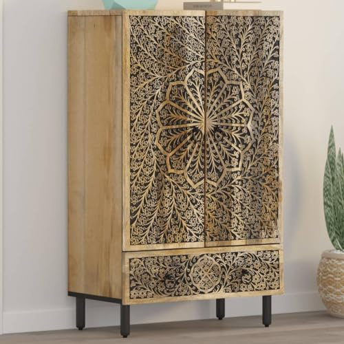 QJBSAVVA Highboard Sideboard Mangoholz Massiv 60x33x100 cm Retro Industrial Vintage Wohnzimmer Flur Schlafzimmer Stauraum mit Handgeschnitztem Muster für Living Room Küche Büro