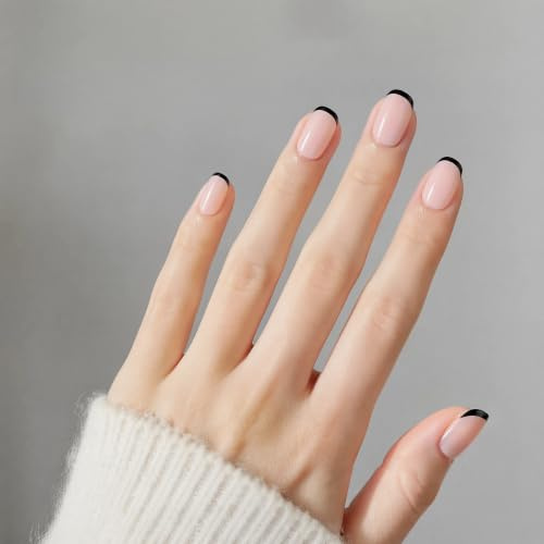 Press on Nails,24 Pcs,Short Square,Black Nude French Tip | Reuseable,Natural,Wide Scenario,cost effective,ltra-thin & Lightweight