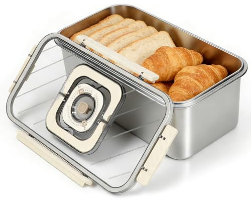 JIIKOOAI Stainless Steel Bread Bin, Large Airtight Storage Container with Lid Timer for Homemade Bread, Toast, Bagels and Biscuits - Kitchen Countertop Bread Bin with Handle（5800ml）