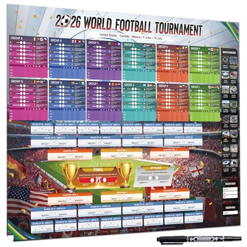 AhfuLife Grande carte murale de la Coupe du monde de football 2026 pour décorations de fête – 100 x 70 cm – Comprend un calendrier mural de 48 équipes pour les résultats finaux du groupe Knockout