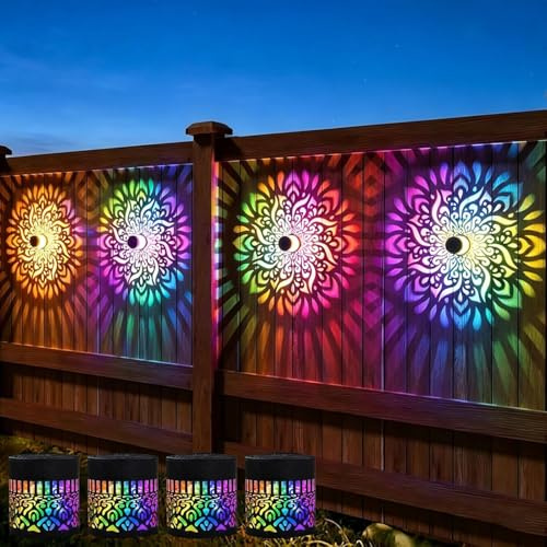 Solar Mandala Lights Outdoor Wall, Seven-Color Changing Solar Mandala Projector Wall Light, Outdoor Waterproof Metal Solar Fence Lights for Garden Post Patio Backyard Yard Decor (4Pcs)