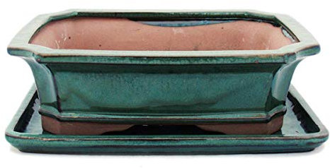 exotenherz - Bonsai-Schale mit Unterteller Gr. 4 - Grün - eckig - Modell G4 - L 26cm - B 20cm - H 8cm