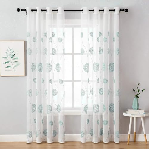 MIULEE Vorhänge Florale Stickerei Blau, Gardinen Weiß 2er Set 140x225cm | Transparent Voile Blumen Muster Vorhänge Durchsichtig mit Ösen, Leichte Dekorative Gardinen für Wohnzimmer Schlafzimmer