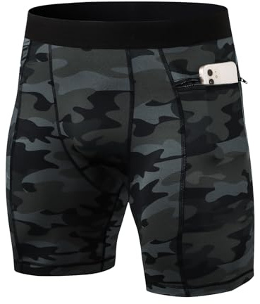 Ruowuhen Mallas Running Cortas Hombre Pantalones Cortos Compresión, Pantalones Cortos Entrenamiento Secado Rápido Transpirable Pantalones Cortos con Bolsillo Negro Camuflaje M