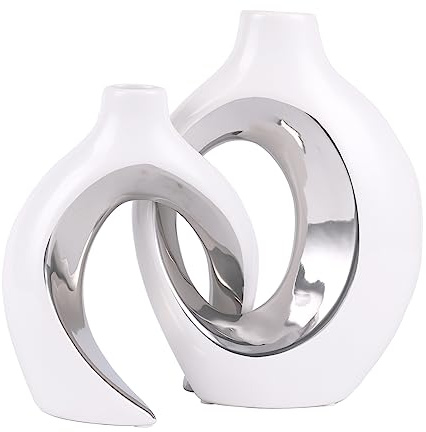 XIAOMAGG Keramik Vase，2er Set Hohle Weiße Moderne Vasen für Nordisches, Vasen Deko, ästhetische Boho Blumenvase für Zuhause, Wohnzimmer, Büro, Bauernhaus (Weiß eingelegtes Silber)