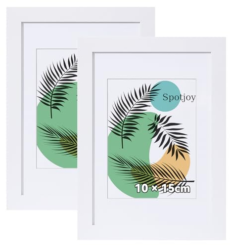 Spotjoy Bilderrahmen 2er Set 10x15 cm mit Passepartout | Holzrahmen Rahmen für Tisch- und Wandmontage Zertifikatsrahmen mit Acrylglas für Fotos, Poster, Porträts, Weiß