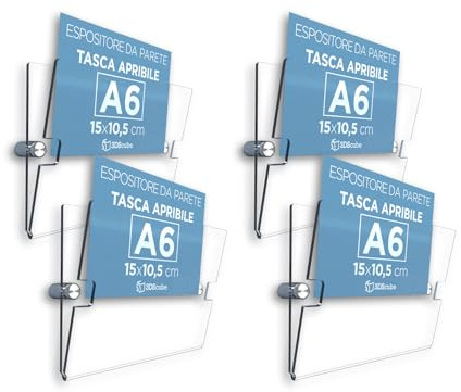 n.4 Espositore in plexiglass da parete a tasca apribile, porta avvisi e depliant formato A6 orizzontale 15x10,5 cm, con di distanziali in alluminio spazzolato, per annunci, locandine, orari negozi