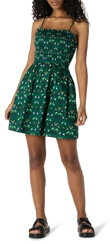 Amazon Essentials Vestido con Corpiño Nido de Abeja de Satén de Algodón de Corte Recto Mujer, Verde Oscuro Pájaros, XL