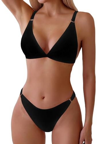 ZAFUL Damen 2-teiliger Badeanzug mit Blumendruck, dreieckiger String, hochgeschnittener Bikini-Sets, Badeanzug (1-Schwarz, L)