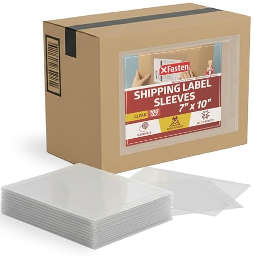XFasten Shipping Label Sleeves with Adhesive 7x10 (100 Pack) - 2.3 Mil Clear Packing Slip Pouches, Thick Packing List Envelopes - Strong Adhesion for Invoices, Documents, Shipping Pouches