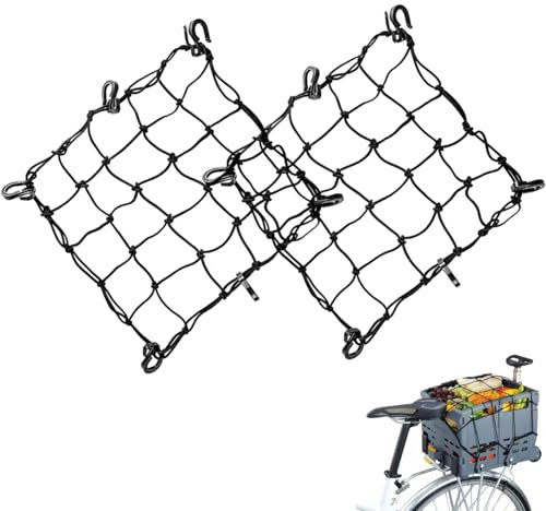 2 Pack Bike Cargo Net for Bike Tote and Basket, Cargo Netting for Bike Storage, 15.7” x 15.7”, Expandable Bungee Net with 6 Hooks, Bicycle Accessories, Black Color
