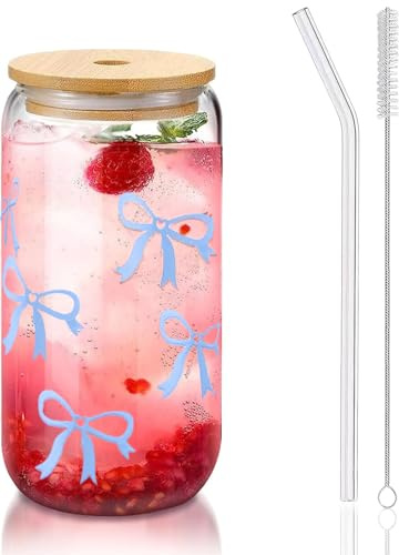 TwoduYoo 16oz Trinkglas mit Strohhalm und Deckel, Geschenk für beste Freundin, Aesthetic Decor Cocktailgläser, heißer und kalter Glasbecher, Ideal für Bier, Saft, Kaffee,Wassergläser, Blaue Schleife