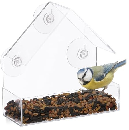 Relaxdays Fenster-Vogelfutterhaus, 10er Set, für Wildvögel, transparent | Futterstation mit Dach, HBT: 15 x 15 x 7 cm