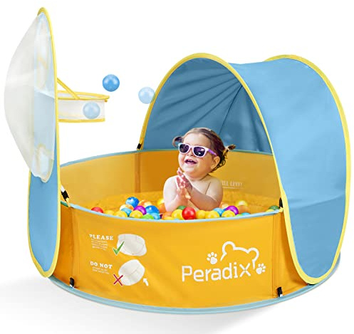 Peradix Paddling Pool for Kids & Pets, Kids Ball Pit Tent 3 in 1, Pop Up Wading Pool Tent with UV Protection Sunshade Canopy Basketball Hoop, Portable Beach Backyard Toys for Indoor Outdoor Activity