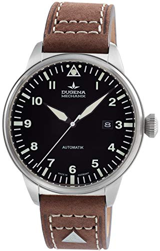 Dugena Herren-Armbanduhr Kappa 7 Airtrip, Automatik, schwarzes Zifferblatt, Edelstahlgehäuse, Saphirglas, Lederband, Dornschließe, 5 bar (Lederband braun)