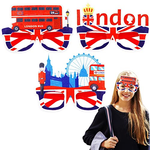 YAAVAAW Union Jack Party Fun Glasses with Felt,3Pack Union Jack Party Decorations Glasses,Union Jack Party Dress Up Glasses Photo Props for Adult 2025 VE Day 80th Anniversary Party Decorations