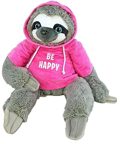 BEMIRO Faultier Kuscheltier rosa mit Pullover Be Happy - ca. 60 cm, Kuscheltier mit Pulli, Kletthände zum anhängen, Plüschtier mit Hoodie