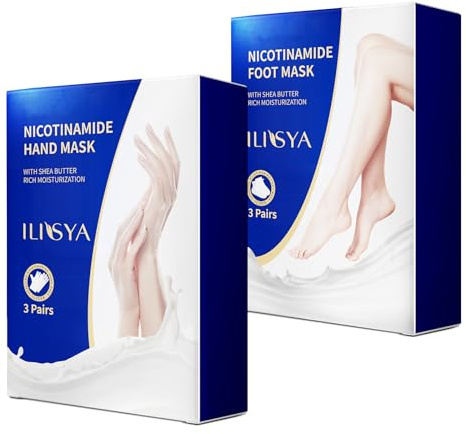 Hand and Foot Mask Set, 3pk Foot Mask & 3pk Hand Mask for Dry Cracked Hand Heel, Glove & Socks with Nicotinamide + Shea Butter + Goat Milk