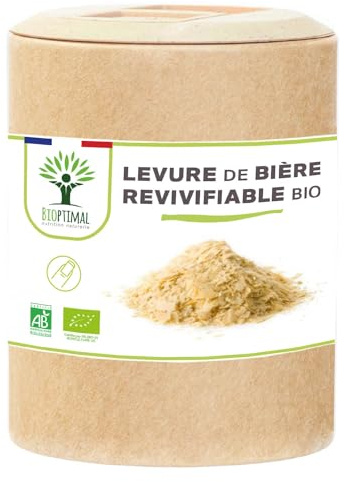 Levure de Bière Bio Revivifiable - Bioptimal - Complément alimentaire - Vivante & Active - Peau Cheveux Ongles - Digestion Transit Probiotique - Fabriqué en France - Certifié par Ecocert - 200 gélules