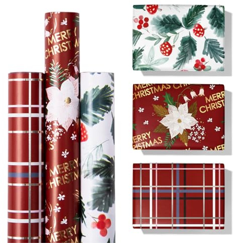 Holojolly Weihnachten Geschenkpapier - Mini Rolle - 3 Rollen - 17 Zoll X 120 Zoll pro Rolle - Pilz Druck, Blume Metallic-Folie, Rot Backing Plaid Sammlungen