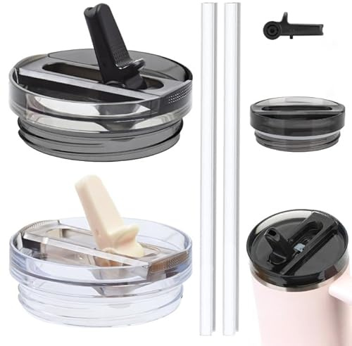 Stanley läckagesäker ersättning för 100 ml tät med 2 sugrör, lock reservlock för Stanley tillbehör återanvändbar (vit + svart)