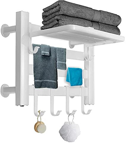 Porta di asciugamani riscaldati elettrici, portabicchieri da bagno di asciugatura da bagno con scaffale superiore, radiatore di asciugamani riscaldato in alluminio per la casa con ganci rimovibili,