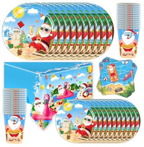 73 piezas de vajilla de fiesta con temática de Navidad en julio, vajilla de fiesta de verano con platos, vasos de papel, servilletas y manteles para una fiesta de 24 personas
