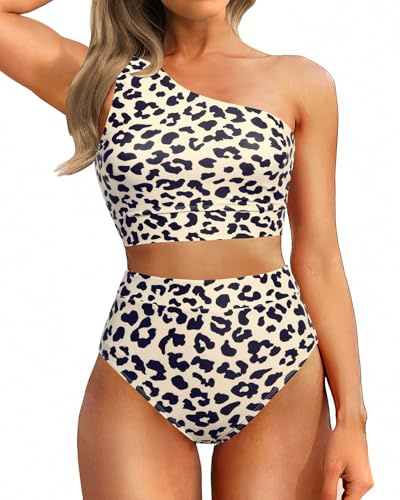Holipick Leopard Women One Shoulder High Waisted Bikini Sets Two Piece Swimsuit Tummy Control Bathing Suit Full Coverage Swimwear XL