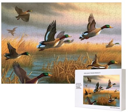 300 Teile Puzzle mit Aufbewahrungsbox, Jagd fliegende Wildenten, 7 bedruckte Holzpuzzle, 40 x 28 cm, für Erwachsene, Kinder, Familie, lustiges dekoratives Spiel