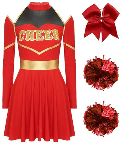 CNYUON Cheerleader-dräkt för kvinnor, halloween, Cheerleading, uniform, långärmad, Cheer Up-dansklänning med pompoms hårknytning för Cheerleading, klänning (röd A, XL)