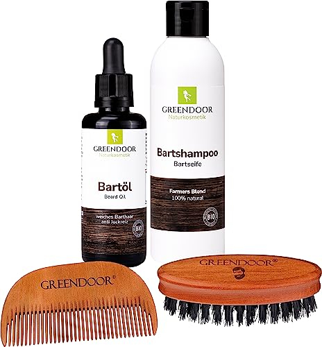GREENDOOR Bartpflege-Set BERLIN, SPARPREIS, Natur Bartseife 200ml & Bio Bartöl 50ml & Bartbürste Birnbaumholz mit Wildschweinborsten & Bartkamm Holz, Geschenk-Set Mann Bart