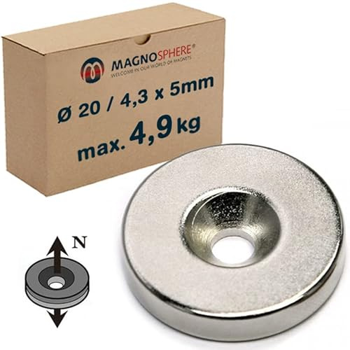 5 x Ringmagnet mit Senkung Ø 20/4,3 x 5mm - Neodym (NdFeB) - Nord (N-Pole) - Haftkraft 4,9 kg - 5 Stück - starke Scheiben-Magnete mit Bohrung und Senkung (Senkbohrung) für Industrie und Zuhause