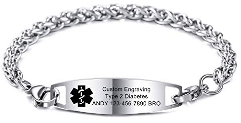 MOWOM Medical Alert Bracelet Custom Engraved, 6.5-8.7 Inches, Allergy Life Identification Name ID for Men Women Stainless Steel Chain Bracelets - (Bundle with Emergency Card, Holder)