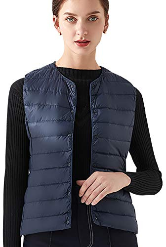 Doudoune Légère sans Manche Femme Courte Gilet Duvet Grande Taille Manteau Veste Matelassée Marine XL