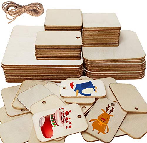 70 Pcs Unfinished Blank Wood Squares, Wooden Rectangle Craft with Hole Square Wooden Tags for Pyrography, Painting, Hanging Decorations, Festivals and Parties Decor Crafts Gifts