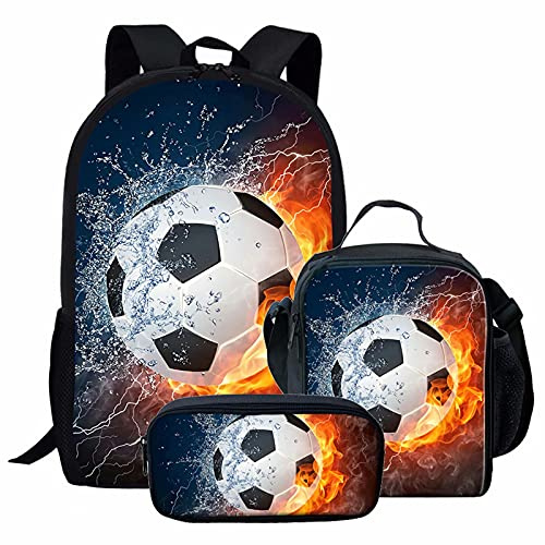 NETILGEN Cool 3D Fußball Rucksack Set Kinder Kinder Große Buchtaschen Kinder Schulranzen 3er Set Mit Lunch Taschen Kleiner Bleistifthalter Zurück zur Schule Geschenke