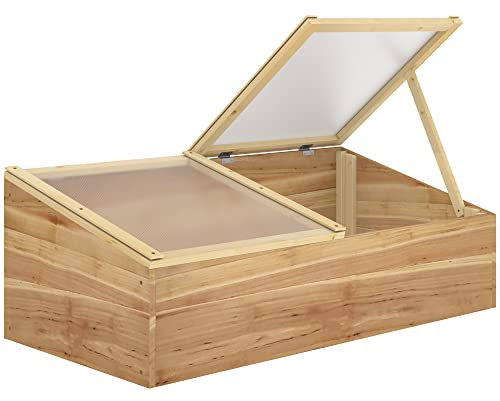 Outsunny Wooden Cold Frame Greenhouse Garden Polycarbonate Grow House with Independent Openable Top Covers for Flowers, Vegetables, Plants, 100 x 50 x 36 cm, Natural