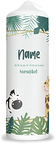 GRAVURZEILE Geburtstagskerze im Dschungel Design mit Wunschtext - Hochwertige Stumpenkerze 250/80 mm brilliant bedruckt - Geburtstagsgeschenk für Kinder, Freunde & Freundinen