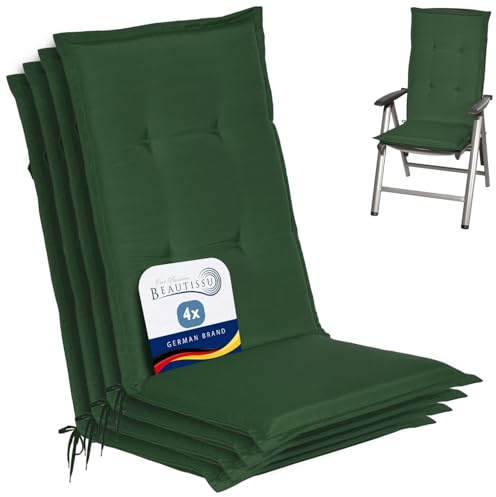 Beautissu 4er Set Gartenstuhlauflage für Hochlehner Gartenmöbel Sitzkissen | 120x50x6cm Dunkelgrün weiche Polster Auflage Sitzpolster Stuhlauflage Füllung Schaumkern Gartenpolster Loft HL