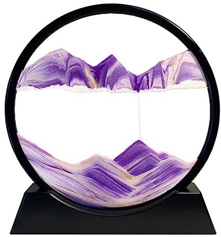 Yuomiker Dynamisch 3D Sandbilder zum Drehen, Fließende Sandmalerei runder Glas Rahmen, Bewegtes Sandbild Natürliche Landschaft, Entspannende Dekoration für Büro Heim Desktop-Kunst (Lila, 7)