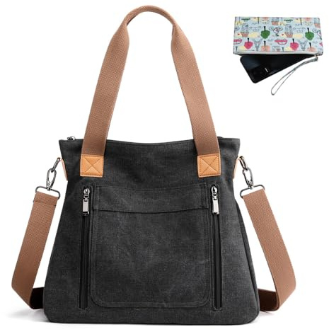 JIANLINST Damen Canvas Handtasche Umhängetaschen Crossbody Taschen Vintage Taschen Multifunktionale Groß Hobo Bag für Schule Lässige Reisen Schwarz