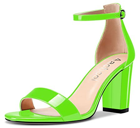 Aachcol Donna Sandali Aperte sulla Punta Cinturino alla Caviglia Chunky Blocco Medio Tacco Heel Scarpe Feste Verde Lime Verniciata 8.5 CM 43 EU
