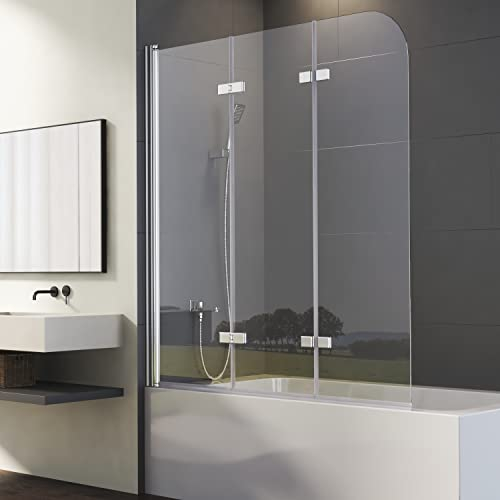 Duschwand für Badewanne 130x140cm 3-teilig Faltbar Duschtrennwand, Badewannenaufsatz Duschabtrennung mit 6mm Nano EGS Sicherheitsglas, Dreiteilige Falttür Badewannenwand Faltwand Glastrennwand
