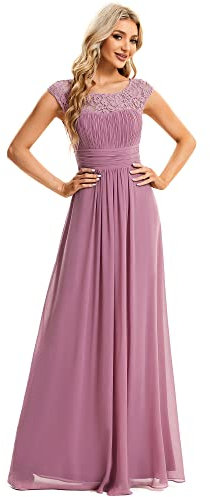 Ever-Pretty Vestidos de Cóctel Encaje Mangas Casquillo Escote Redondo Plisado Gasa Largo para Mujer Formal Orquídea 38